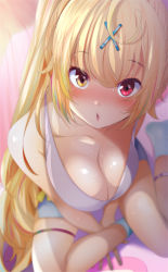 Rule 34 | 1girl, ahoge, ankle strap, aqua hair, blonde hair, blue shorts, blue socks, blurry, blurry background, blush, breasts, cleavage, collarbone, commentary request, eyebrows hidden by hair, face, full body, fumihiko (fu mihi ko), hair ornament, hairclip, heterochromia, highres, hoshikawa sara, large breasts, long hair, looking at viewer, multicolored hair, nijisanji, no bra, nose blush, open mouth, partial commentary, pink hair, red eyes, sanpaku, shirt, shorts, sidelocks, sitting, sleeveless, sleeveless shirt, socks, solo, streaked hair, sweat, tareme, thigh strap, virtual youtuber, white shirt, yellow eyes
