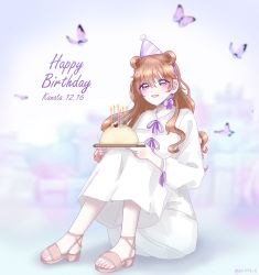 Rule 34 | 1girl, artist name, artist request, bare legs, barefoot, barefoot sandals (jewelry), birthday, blue ribbon, blush, bow, breasts, brown footwear, brown hair, bug, butterfly, butterfly (love live!), cake, candle, collared dress, double bun, dress, dress bow, feet, female focus, food, full body, hair between eyes, hair bun, hair rings, happy birthday, hat, highres, holding, holding plate, insect, konoe kanata, long hair, long sleeves, looking at viewer, love live!, love live! nijigasaki high school idol club, love live! school idol festival, miniskirt, nail polish, neck ribbon, parted lips, party hat, pink butterfly, plaid, plaid dress, plaid skirt, plate, pleated, pleated dress, pleated skirt, puffy long sleeves, puffy sleeves, purple eyes, ribbon, sandals, sitting, skirt, smile, solo, toenail polish, toenails, two side up, white dress, white skirt