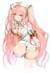 Rule 34 | 1girl, absurdres, azur lane, blush, breasts, center opening, cleavage, cum, cum in clothes, cum in panties, cum in pussy, dress, gloves, hair ornament, half gloves, hat, highres, id card, large breasts, leg up, long hair, looking at viewer, nike (nike1060), nurse, nurse cap, panties, panty pull, perseus (azur lane), perseus (unfamiliar duties) (azur lane), pink eyes, pink gloves, pink hair, pussy juice, simple background, solo, thighhighs, thighs, twintails, underwear, undressing, very long hair, white hat, white thighhighs
