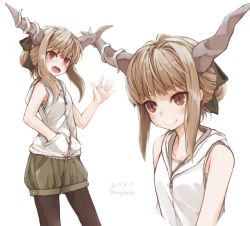 Rule 34 | 1girl, :d, alternate costume, black pantyhose, brown eyes, commentary request, contemporary, dated, fang, green ribbon, green shorts, grin, hair ribbon, hair up, hand in pocket, hand up, hood, hood down, hoodie, horns, ibuki suika, kagikake, light brown hair, multiple views, open mouth, outstretched hand, pantyhose, parted lips, ribbon, short shorts, shorts, sidelocks, simple background, sleeveless, sleeveless hoodie, slit pupils, smile, touhou, twitter username, waving, white background, white hoodie