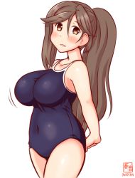 Rule 34 | 1girl, amagi (kancolle), artist logo, blue one-piece swimsuit, bouncing breasts, breasts, brown eyes, brown hair, commentary request, competition school swimsuit, cowboy shot, dated, high ponytail, kanon (kurogane knights), kantai collection, large breasts, long hair, one-hour drawing challenge, one-piece swimsuit, ponytail, school swimsuit, simple background, solo, standing, swimsuit, white background, wide ponytail
