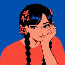 Rule 34 | 1girl, black hair, blue background, blue eyes, braid, flat color, flower, head rest, long hair, looking at viewer, minillustration, original, parted lips, red flower, red shirt, shirt, simple background, smile, solo, twin braids, upper body