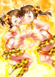 Rule 34 | 2girls, bare shoulders, blush, brown eyes, brown hair, cheek-to-cheek, frilled skirt, frills, futami ami, futami mami, hair ornament, hair ribbon, heads together, heart, heart hands, heart hands duo, highres, idolmaster, idolmaster (classic), kneehighs, long hair, multiple girls, one eye closed, open mouth, ribbon, shoes, short hair, siblings, side ponytail, sisters, skirt, smile, socks, twins, wink, wrist cuffs, zen