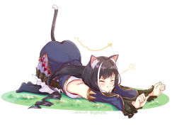 Rule 34 | 1girl, absurdres, animal ear fluff, animal ears, arrow (symbol), ass, black hair, black legwear, black sleeves, blush, cat day, cat ears, cat girl, cat stretch, cat tail, closed eyes, closed mouth, commentary request, dated, detached sleeves, full body, grass, gurifu, highres, karyl (princess connect!), long hair, multicolored hair, no shoes, on grass, outstretched arms, princess connect!, purple skirt, ringlets, shirt, skirt, sleeveless, sleeveless shirt, solo, streaked hair, stretching, tail, top-down bottom-up, twitter username, v-shaped eyebrows, very long hair, wavy mouth, white background, white hair, white shirt