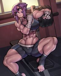 Rule 34 | 1girl, abs, absurdres, barbell, blue eyes, breasts, cleavage, exercising, hand on own shoulder, hand wraps, highres, large breasts, looking to the side, maya (roadi3), muscular, muscular female, original, purple hair, roadi3, scar, scar on face, scar on nose, shorts, solo, sweat, thick thighs, thighs