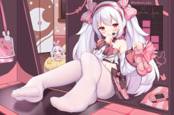 Rule 34 | 1girl, animal ears, azur lane, bag, bare shoulders, black choker, blush, bow, character doll, choker, commentary, covering own mouth, crop top, detached sleeves, fake animal ears, feet, foot focus, foreshortening, full body, hair bow, hairband, handheld game console, hands up, high heels, highres, holding, holding shoes, indoors, irokari, laffey (azur lane), laffey (bunny idol @unmotivated) (azur lane), long hair, looking at viewer, manjuu (azur lane), microphone, midriff, miniskirt, navel, no shoes, official alternate costume, pantyhose, pillow, pink bow, pink footwear, pink hairband, pink skirt, plaid, plaid skirt, pleated skirt, rabbit ears, red eyes, shoes, sidelocks, sitting, skirt, solo, strapless, twintails, twitter username, unworn shoes, very long hair, white hair, white pantyhose
