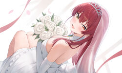 Rule 34 | 1girl, absurdres, alternate costume, bare shoulders, bouquet, breasts, bridal veil, cleavage, commentary request, dress, flower, heterochromia, highres, holding, holding bouquet, hololive, houshou marine, large breasts, long hair, looking at viewer, open mouth, red eyes, red hair, rei (ilust9999), rose, thighs, tiara, veil, virtual youtuber, wedding dress, white dress, white flower, white rose, yellow eyes