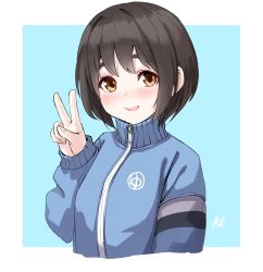 Rule 34 | 1girl, alternate costume, black hair, blue background, blue jacket, brown eyes, highres, jacket, kantai collection, kibitarou, looking at viewer, maru-yu (kancolle), parted bangs, short hair, solo, thick eyebrows, track jacket, upper body, v