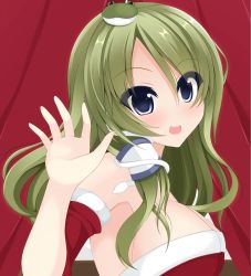 Rule 34 | 1girl, bare shoulders, blue eyes, blush, breasts, chimunge, detached sleeves, frog hair ornament, green hair, hair ornament, hair tubes, kochiya sanae, looking at viewer, open mouth, smile, snake hair ornament, solo, touhou, upper body