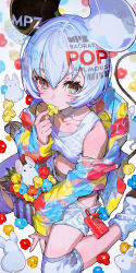 Rule 34 | 1girl, absurdres, animal ears, blue hair, breasts, cleavage, food, food in mouth, highres, holding, holding food, jacket, mika pikazo, mouse, mouse ears, mouse girl, original, popcorn, small breasts, solo, white background
