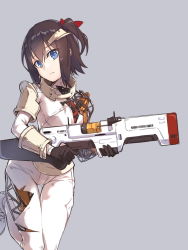 Rule 34 | 1girl, :|, android, arm guards, black gloves, blue eyes, bodysuit, brown hair, choker, closed mouth, expressionless, fallout (series), fallout 4, gloves, grey background, gun, hair ribbon, head tilt, holding, holding gun, holding weapon, mechanical arms, mechanical legs, nightmaremk2, one side up, red ribbon, ribbon, shoes, short hair, shoulder pads, simple background, single mechanical arm, single mechanical leg, solo, synth strider, thigh gap, weapon, white footwear