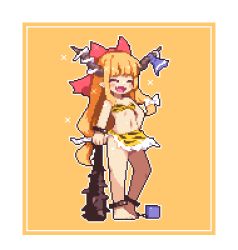 Rule 34 | 1girl, :d, ^ ^, barefoot, blue ribbon, bow, closed eyes, club, club (weapon), commentary request, closed eyes, full body, hair bow, horn ornament, horn ribbon, horns, ibuki suika, kanabou, kumamoto (bbtonhk2), long hair, lowres, navel, oni horns, open mouth, orange hair, pixel art, red bow, ribbon, setsubun, smile, solo, spiked club, touhou, weapon