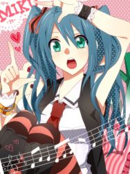 Rule 34 | 1girl, 39, aqua hair, arm up, bad id, bad pixiv id, character name, erigamine, green eyes, hatsune miku, heart, long hair, musical note, open mouth, pantyhose, solo, striped clothes, striped pantyhose, twintails, vocaloid