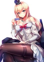 Rule 34 | 10s, 1girl, alternate legwear, bare shoulders, black pantyhose, blonde hair, blue eyes, blush, braid, breasts, cameltoe, cleavage, corset, crotch, crown, cup, dress, embarrassed, french braid, hair between eyes, hairband, highres, jewelry, kantai collection, large breasts, legs, long hair, long sleeves, mini crown, necklace, off-shoulder dress, off shoulder, panties, panties under pantyhose, pantyhose, silly (marinkomoe), sitting, smile, solo, teacup, thighband pantyhose, thighs, underwear, warspite (kancolle), wavy mouth, white dress, white pantyhose