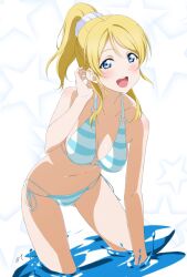 Rule 34 | 1girl, ayase eli, bikini, blonde hair, blue bikini, blue eyes, breasts, collarbone, highres, large breasts, light blush, long hair, looking at viewer, love live!, love live! school idol project, nagi mkrnpn, navel, o-ring, o-ring top, open mouth, ponytail, side-tie bikini bottom, signature, smile, solo, stomach, striped bikini, striped clothes, swimsuit