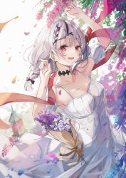 Rule 34 | 1girl, ahoge, braid, breasts, cleavage, collarbone, dress, earrings, flower, highres, hololive, jewelry, looking at viewer, medium breasts, miakiuehashi, multicolored background, open mouth, red eyes, sakamata chloe, silver hair, smile, solo, virtual youtuber, white dress
