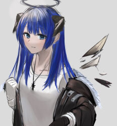 Rule 34 | 1girl, arknights, black halo, black horns, black jacket, blue eyes, blue hair, closed mouth, fur-trimmed jacket, fur trim, gloves, grey background, halo, horns, jacket, jewelry, light blush, long hair, long sleeves, looking at viewer, mostima (arknights), necklace, off shoulder, open clothes, open jacket, shirt, shouga chahan, simple background, sketch, smile, solo, t-shirt, upper body, white gloves, white shirt, wings