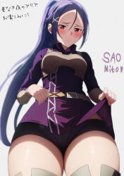 Rule 34 | 1girl, absurdres, braid, commentary request, dress, hair between eyes, hair ornament, high ponytail, highres, mito (sao), nuguri444, purple dress, purple hair, red eyes, solo, sword art online, sword art online progressive, thighs, translation request, x hair ornament