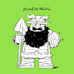 Rule 34 | 1boy, beard, cabbage, deformed, dungeon meshi, dwarf, facial hair, fake horns, full body, gardener, green background, greyscale with colored background, helmet, highres, horned helmet, horns, idbze, large feet, long beard, looking at viewer, male focus, senshi (dungeon meshi), shovel, solo, sparkling aura, standing, thick mustache, very long beard