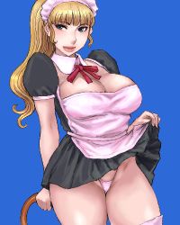 Rule 34 | 1girl, blonde hair, blue background, blue eyes, breasts, cleavage, clothes lift, curvy, large breasts, lips, long hair, lowres, maid, matoyama, oekaki, panties, skirt, skirt lift, solo, thong, underwear