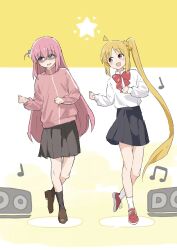 Rule 34 | 2girls, black footwear, black skirt, black socks, blonde hair, bocchi the rock!, bow, bowtie, commentary, cube hair ornament, dancing, full body, gotoh hitori, hair between eyes, hair ornament, hands up, highres, ijichi nijika, jacket, long hair, long sleeves, looking to the side, multiple girls, musical note, one side up, ookiiayu, open mouth, pink hair, pink jacket, pink track suit, pleated skirt, red bow, red bowtie, red eyes, shaded face, shirt, shoes, side ponytail, sidelocks, simple background, skirt, smile, sneakers, socks, speaker, standing, standing on one leg, star (symbol), two-tone background, white background, white shirt, white socks, yellow background