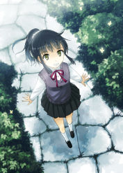 Rule 34 | 1girl, bad id, bad pixiv id, black hair, blush, bush, cobblestone, foreshortening, from above, grin, long hair, looking at viewer, looking up, original, path, pleated skirt, ribbon, road, school uniform, skirt, smile, solo, sweater vest, yakka, yellow eyes