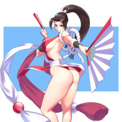 Rule 34 | 1girl, ass, bare shoulders, breasts, brown hair, folded fan, fatal fury, female focus, folding fan, hand fan, high ponytail, highres, holding, holding fan, japanese clothes, large breasts, long hair, looking at viewer, ninja, no bra, ogami, pelvic curtain, ponytail, revealing clothes, shiranui mai, sideboob, smile, snk, solo, the king of fighters, thighs, thong