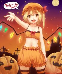 Rule 34 | 1girl, blonde hair, bloomers, bra, crystal, english text, fang, flandre scarlet, full moon, gradient background, halloween, hat, hat ribbon, heart, jack-o&#039;-lantern, looking at viewer, midriff, miyo (ranthath), mob cap, moon, multicolored clothes, multicolored legwear, navel, open mouth, orange eyes, outstretched arm, ribbon, short hair, side ponytail, smile, solo, speech bubble, striped clothes, striped thighhighs, text focus, thighhighs, touhou, trick or treat, underwear, wings