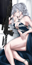 Rule 34 | 1girl, absurdres, ak-12, ak-12 (girls&#039; frontline), ak-12 (quiet azure) (girls&#039; frontline), assault rifle, bare arms, bare shoulders, black footwear, blue dress, breasts, cleavage, closed eyes, closed mouth, dress, earrings, girls&#039; frontline, grey hair, gun, high heels, highres, jewelry, kalashnikov rifle, large breasts, long hair, lying, official alternate costume, on side, sam desu, smile, solo, thighs, weapon