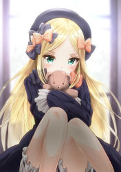 Rule 34 | 1girl, abigail williams (fate), anzu yoshihiro, black bow, black dress, black hat, blonde hair, bloomers, blurry, blurry background, blush, bow, bug, butterfly, commentary request, covered mouth, depth of field, dress, fate/grand order, fate (series), forehead, green eyes, hair bow, hat, head tilt, highres, hugging object, insect, long hair, long sleeves, orange bow, parted bangs, sleeves past fingers, sleeves past wrists, solo, stuffed animal, stuffed toy, tears, teddy bear, underwear, very long hair, white bloomers
