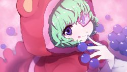Rule 34 | 1girl, absurdres, animal ears, animal hood, bad id, bad twitter id, bear ears, bear hood, blueberry, capelet, closed mouth, commentary request, food, food on hand, from above, fruit, green hair, hair between eyes, highres, hood, hood up, licking lips, looking at viewer, looking up, monocle, one piece, pink-framed eyewear, purple eyes, red capelet, smile, solo, sugar (one piece), tongue, tongue out, wada kazu