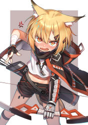 Rule 34 | 1girl, anger vein, angry, animal ear fluff, animal ears, arknights, bandaged arm, bandages, blush, bow (weapon), cape, female focus, fingerless gloves, fox ears, fox tail, gloves, highres, holding, holding bow (weapon), holding weapon, hood, jewelry, looking at viewer, midriff, mitake eil, navel, necklace, notched ear, open mouth, quiver, scar, short shorts, shorts, solo, tail, v-shaped eyebrows, vermeil (arknights), weapon