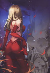 Rule 34 | 1girl, alphonse (white datura), ass, back, backless dress, backless outfit, blonde hair, breasts, dress, elbow gloves, elysion, flower, from behind, gloves, gun, handgun, highres, large breasts, long dress, long hair, nude, petals, pistol, pocket pistol, red dress, reflection, rose, semi-automatic firearm, solo, sound horizon, stardust, walther, walther ppk, weapon