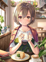 Rule 34 | 1girl, blurry, blurry background, blush, book, book stack, bow, brown eyes, brown hair, brown jacket, brown nails, cake, closed mouth, commentary request, cup, depth of field, earrings, food, green bow, hair between eyes, hands up, hatsune miku, highres, holding, holding cup, indoors, jacket, jacket on shoulders, jewelry, latte art, looking at viewer, meiko (vocaloid), mint, mug, nail polish, plant, plate, project sekai, saucer, shirt, short hair, sitting, smile, solo, table, vocaloid, white shirt, window, yuuka nonoko