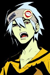 Rule 34 | 1boy, black background, grey headband, headband, highres, jacket, male focus, my nameisyoon, open mouth, red eyes, short hair, simple background, solo, soul eater, soul evans, teeth, uneven eyes, upper body, white hair, yellow jacket