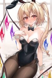 Rule 34 | 1girl, absurdres, alternate costume, animal ears, bare shoulders, bed sheet, black bow, black bowtie, black leotard, black pantyhose, blonde hair, blush, bow, bowtie, breasts, cleavage, collarbone, crystal, detached collar, fake animal ears, flandre scarlet, full-face blush, haruki (colorful macaron), highres, leotard, looking at viewer, medium breasts, one side up, pantyhose, playboy bunny, rabbit ears, red eyes, solo, thigh gap, touhou, wings, wrist cuffs