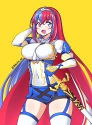 Rule 34 | 1girl, alear (female) (fire emblem), alear (fire emblem), blue eyes, breasts, covered navel, female focus, fire emblem, fire emblem engage, heterochromia, highres, jarckius, large breasts, long hair, matching hair/eyes, multicolored hair, nintendo, open mouth, red eyes, red hair, smile, solo, sword, thigh strap, twitter username, two-tone hair, very long hair, weapon