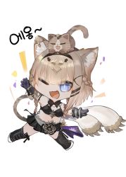 Rule 34 | 1girl, ;d, animal, animal ear fluff, animal ears, animal on head, asymmetrical gloves, black footwear, black gloves, black skirt, blue eyes, boots, braid, breasts, brown hair, cat, character request, chibi, commentary request, dokomon, full body, gloves, hair ornament, hairclip, highres, honkai (series), honkai impact 3rd, knee boots, korean commentary, korean text, looking at viewer, mismatched gloves, on head, one eye closed, open mouth, outstretched arms, pardofelis (honkai impact), pleated skirt, purple gloves, simple background, skirt, small breasts, smile, solo, tail, translation request, v-shaped eyebrows, white background