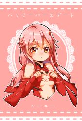 Rule 34 | 1girl, bare shoulders, blush, breasts, catmeow405, center opening, cleavage, detached sleeves, elbow gloves, fingerless gloves, gloves, guilty crown, hair ornament, hairclip, heart, heart hands, highres, long hair, looking at viewer, medium breasts, open mouth, pink hair, red eyes, solo, twintails, yuzuriha inori