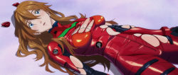 Rule 34 | 1girl, aged up, blue eyes, bodysuit, breasts, brown hair, closed mouth, curvy, embarrassed, evangelion: 3.0+1.0 thrice upon a time, hair between eyes, hair down, highres, hip focus, large breasts, lips, long hair, looking away, lying, neon genesis evangelion, open mouth, plugsuit, rebuild of evangelion, red bodysuit, screencap, shiny clothes, shiny skin, simple background, solo, souryuu asuka langley, third-party edit, torn clothes, upper body, very long hair, wardrobe malfunction, wide hips