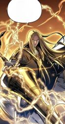 Rule 34 | 1boy, armor, blonde hair, closed mouth, doom breaker, electricity, highres, long hair, looking at viewer, lucius giornetti, pants, solo, very long hair, white pants, yellow eyes