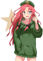 Rule 34 | 1girl, alternate costume, arm up, blue eyes, blush, braid, bright pupils, contrapposto, cowboy shot, drawstring, finger to head, flat cap, green hat, green hoodie, hair ribbon, hand in pocket, hat, hat ornament, highres, hong meiling, hood, hood down, hoodie, long hair, looking at viewer, mizune (winter), open mouth, parted bangs, red hair, ribbon, simple background, solo, standing, star (symbol), star hat ornament, touhou, tress ribbon, twin braids, very long hair, white background, white pupils