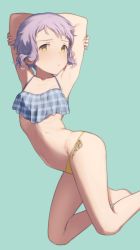 Rule 34 | 10s, 1girl, aqua background, armpits, arms up, bare arms, bare legs, barefoot, bikini, blush, breasts, closed mouth, groin, hand on own arm, holding own arm, idolmaster, idolmaster million live!, kneeling, looking at viewer, makabe mizuki, mimizubare, navel, plaid, pout, purple hair, shade, short hair, side-tie bikini bottom, sidelocks, simple background, sleeveless, small breasts, solo, stomach, swimsuit, yellow eyes