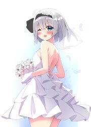 Rule 34 | 1girl, alternate costume, bare shoulders, black hairband, blue eyes, blush, bouquet, bridal veil, commentary request, dress, flower, frilled dress, frills, gloves, grey hair, hairband, highres, holding, holding bouquet, konpaku youmu, looking at viewer, one eye closed, open mouth, shishiky, short hair, smile, solo, strapless, strapless dress, touhou, veil, wedding dress, white dress, white gloves