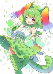 Rule 34 | 1girl, ;d, alternate color, animal ears, blouse, bow, bowtie, cellval, cherry, commentary, cup, drinking glass, drinking straw, food, fruit, gloves, green gloves, green hair, green neckwear, green skirt, green thighhighs, head wings, high-waist skirt, highres, holding, holding cup, kamuraaa 615, kemono friends, leg up, looking at viewer, medium hair, one eye closed, open mouth, print gloves, print neckwear, print skirt, print thighhighs, rainbow wings, red eyes, serval (kemono friends), serval print, serval tail, shirt, shoes, skirt, sleeveless, sleeveless shirt, smile, solo, standing, standing on one leg, tail, thighhighs, traditional bowtie, white footwear, white shirt, wings
