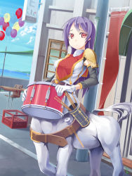 Rule 34 | 1girl, armor, balloon, band uniform, belt, black sleeves, blue sky, breasts, brown belt, building, centaur, chair, closed mouth, cloud, commentary request, cowboy shot, crate, day, detached sleeves, drumsticks, gloves, hair between eyes, holding, holding instrument, horse tail, instrument, long hair, looking at viewer, medium breasts, monster girl, moti ken, multiple legs, ocean, original, outdoors, pauldrons, purple hair, red eyes, shirt, shoulder armor, sidelocks, sign, single pauldron, sky, sleeveless, sleeveless shirt, snare drum, solo, standing, standing on three legs, table, tail, taur, utility pole, white gloves, white shirt, window