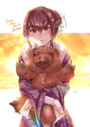 Rule 34 | alternate costume, animal, bad id, bad pixiv id, blush, border, cloud, cloudy sky, earrings, fate/grand order, fate (series), fur, fur collar, hair bun, hair ornament, hairclip, happy new year, heart, highres, holding, holding animal, hooves, japanese clothes, jewelry, kimono, kuziaaizuk, long sleeves, looking down, nengajou, new year, outdoors, parted lips, pig, purple hair, red eyes, scathach (fate), single hair bun, sky, snout, sunrise, white border, wide sleeves