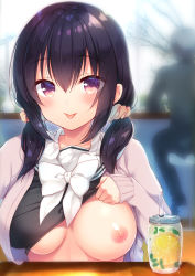 Rule 34 | 1girl, :p, black hair, breasts, clothes lift, drinking straw, exhibitionism, flashing, food, fruit, hair between eyes, large breasts, lemon, lifted by self, long hair, long sleeves, low twintails, mint, nipples, oppai challenge, original, public indecency, purple eyes, sazaki ichiri, school uniform, scrunchie, serafuku, shirt lift, solo, solo focus, table, tongue, tongue out, twintails