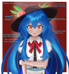 Rule 34 | 1girl, absurdres, black headwear, blue hair, bow, bowtie, center frills, commentary, english commentary, english text, frills, highres, hinanawi tenshi, holding own arm, just hatto, leaf hat ornament, long hair, looking at viewer, open mouth, peach hat ornament, red background, red bow, red bowtie, red eyes, short sleeves, sidelocks, solo, touhou, upper body, valentine