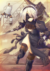 Rule 34 | 1girl, absurdres, bibisuka, black dress, black footwear, black gloves, black thighhighs, blindfold, boots, breasts, brown thighhighs, cleavage, cleavage cutout, clothing cutout, dress, gloves, hairband, highres, leotard, mole, mole under mouth, nier (series), nier:automata, parted lips, pod (nier:automata), short hair, side slit, solo, sword, thigh boots, thighhighs, weapon, white hair, white leotard, 2b (nier:automata)